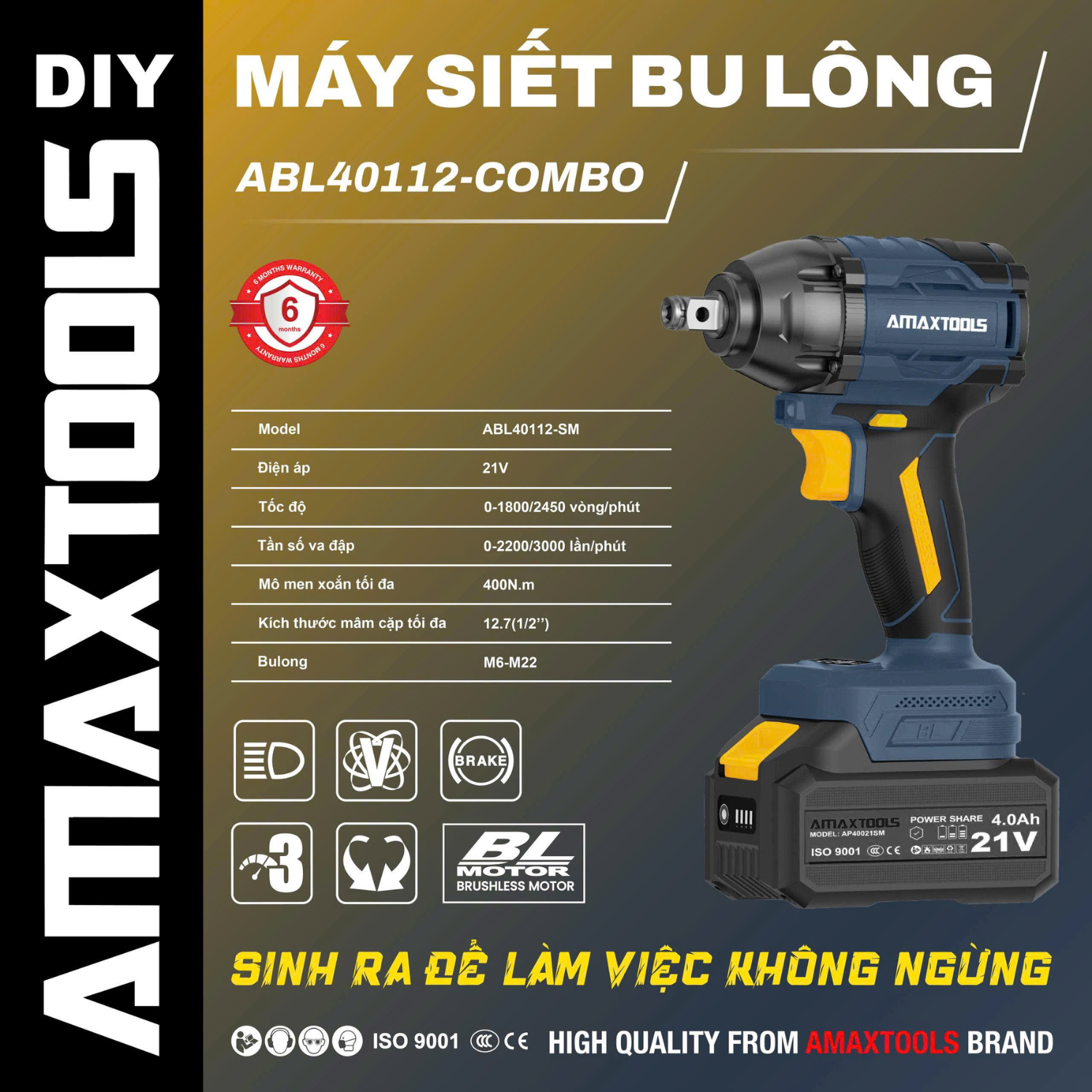 Combo Máy Siết Bulong Pin Amaxtools ABL40112-COMBO 21V 400Nm, Đầu 1_2 Inch, Combo 2 Pin 1 Sạc