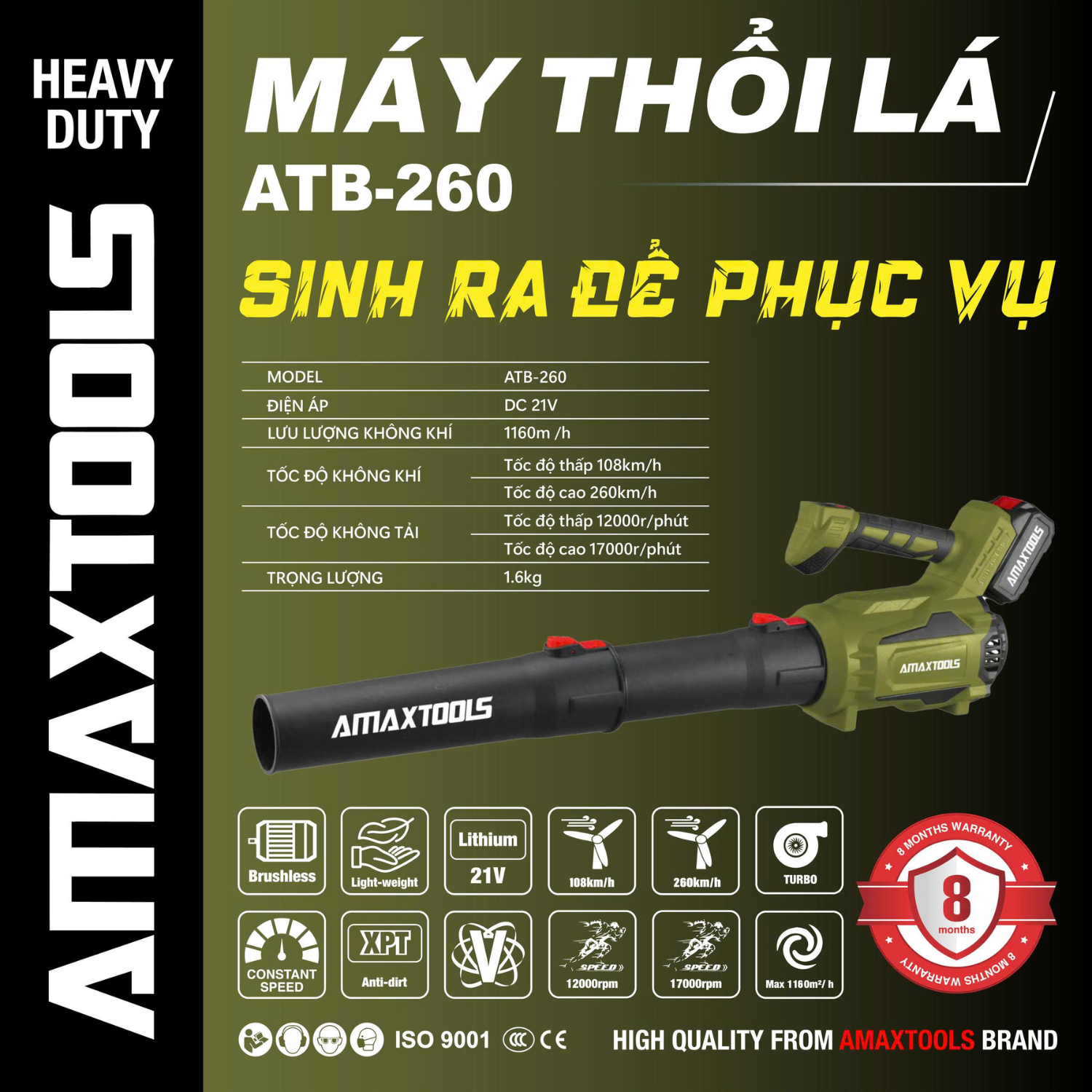 Máy Thổi Lá Dùng Pin 21V AMAXTOOLS ATB-260 Động Cơ Không Chổi Than