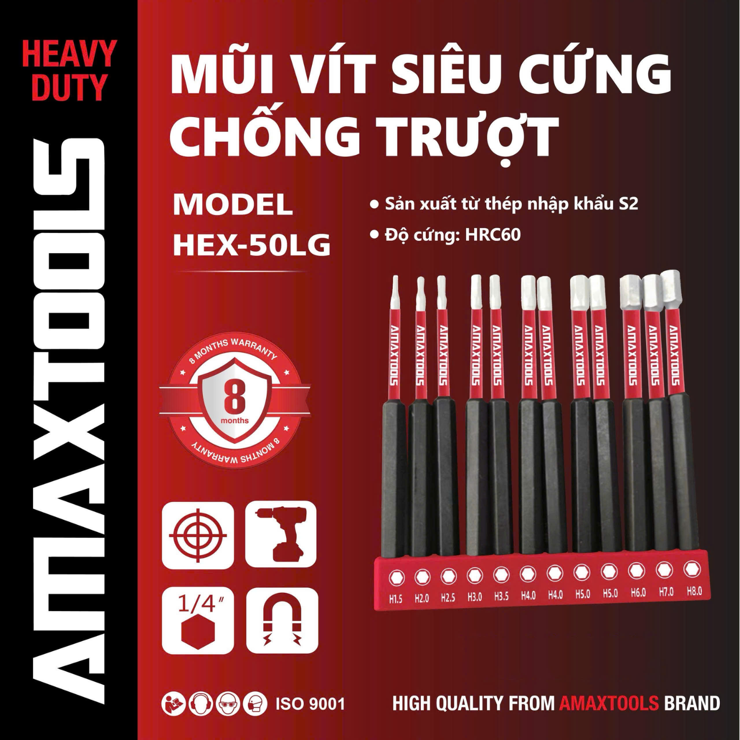 Bộ 12 Mũi Vít Lục Giác Amaxtools HEX-50LG Siêu Cứng, Chống Rỉ Sét