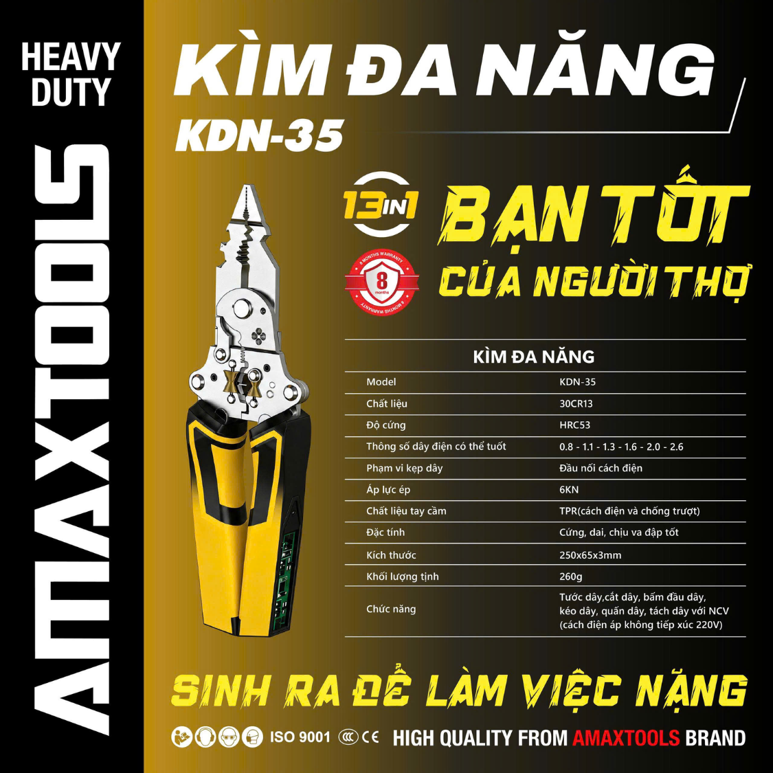 Kìm Đa Năng 13 trong 1 Amaxtools KDN-35, Cách Điện 220V, Tước/Cắt/Bấm/Kéo/Quấn/Tách Dây