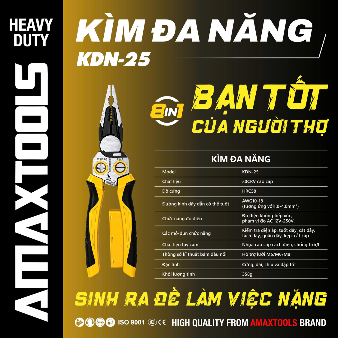 Kìm Điện Đa Năng Amaxtools KDN-25 Chức Năng 8 Trong 1 - Cắt Dây, Tuốt Dây, Tách Dây