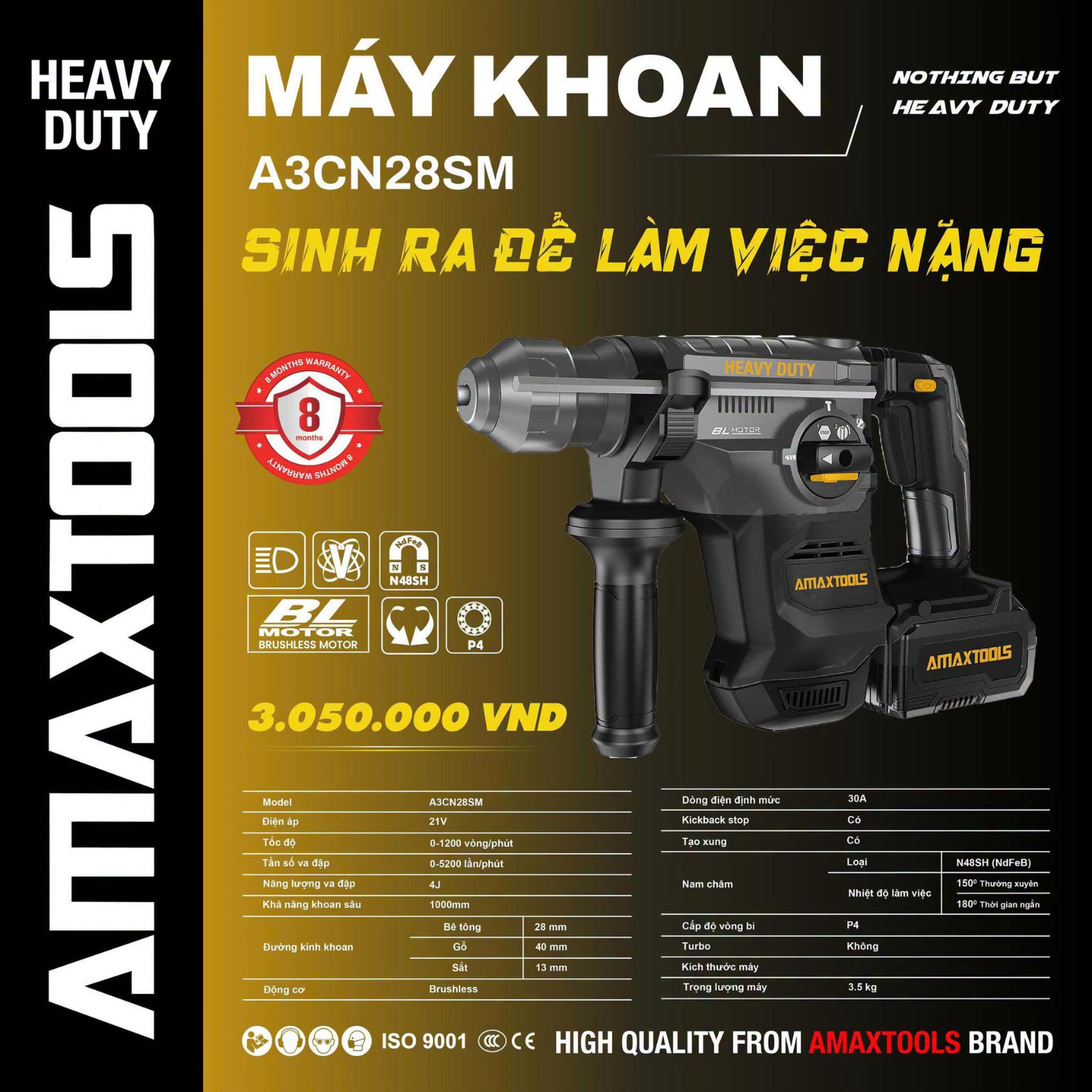 Máy Khoan Bê Tông 1000Nm Amaxtools A3CN28SM Dùng Pin 21V, 3 Chức Năng