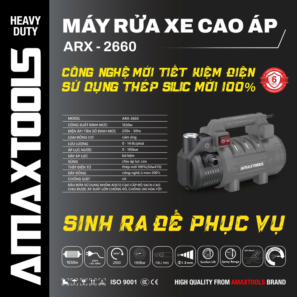Máy Rửa Xe Cao Áp Amaxtools 1650W ARX-2660, Áp Lực 180Bar Chính Hãng