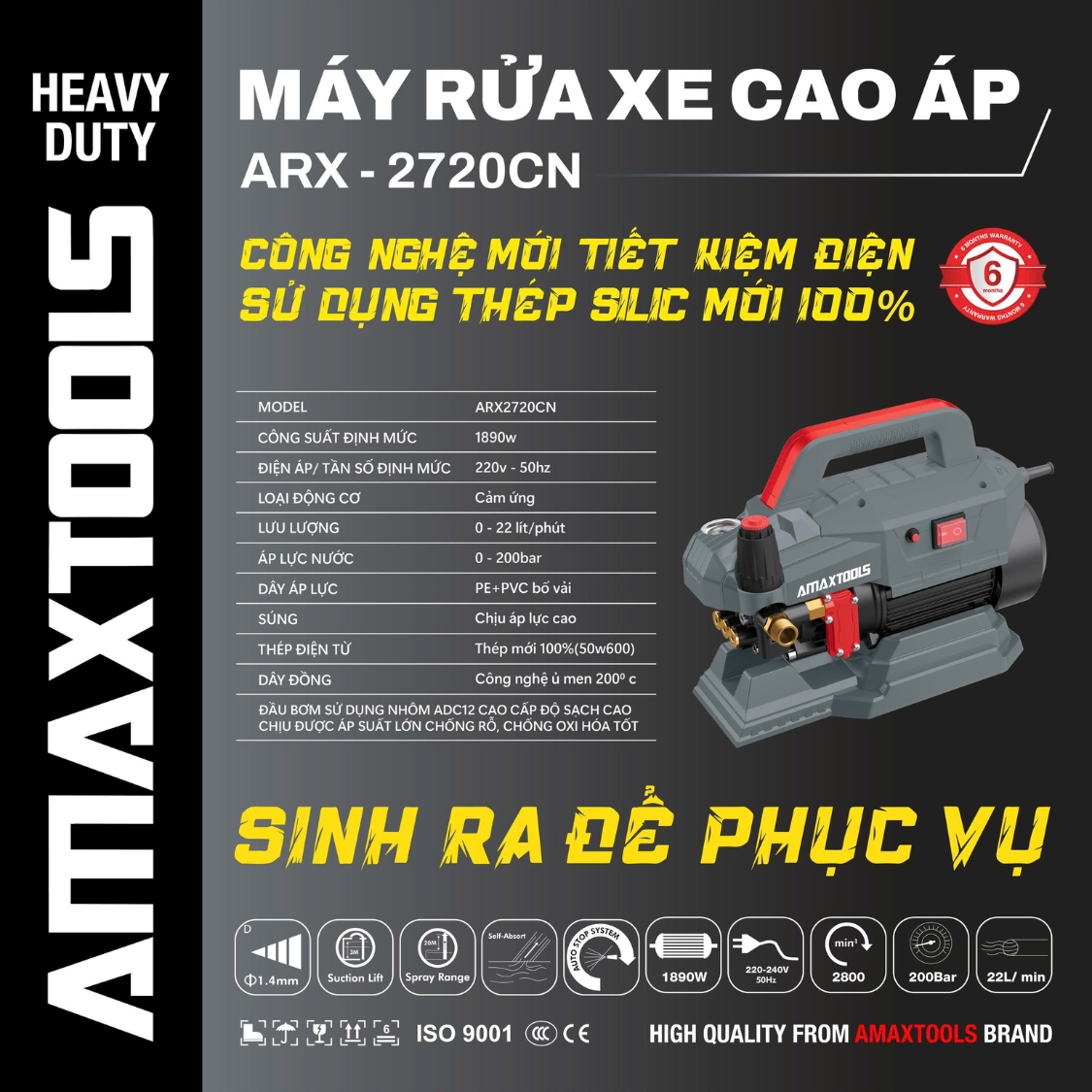 Máy Rửa Xe Có Chỉnh Áp Amaxtools 1890W ARX-2720CN 200Bar Chính Hãng