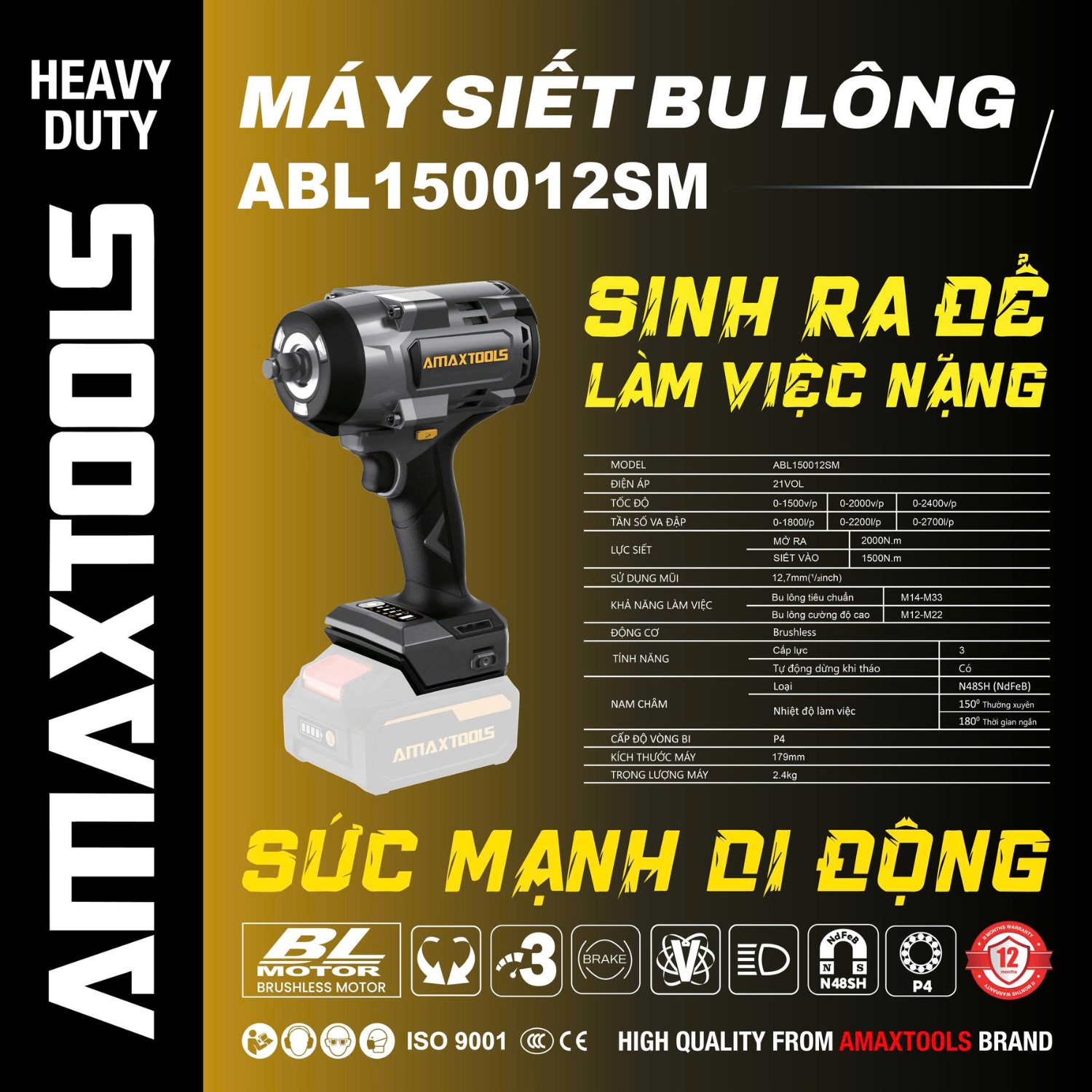 Máy Siết Bulong Amaxtools ABL150012SM Lực Siết 1500Nm, Mở 2000Nm Chính Hãng