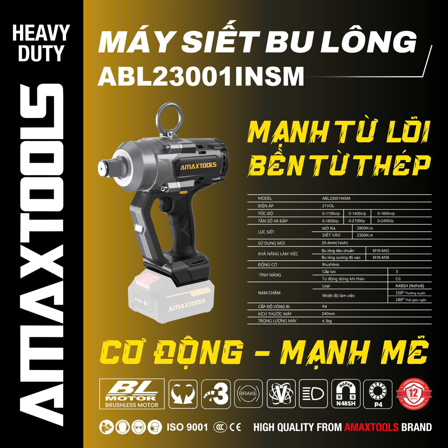 Máy siết bu lông dùng pin 21V Amaxtools ABL23001INSM Lực siết 2300Nm