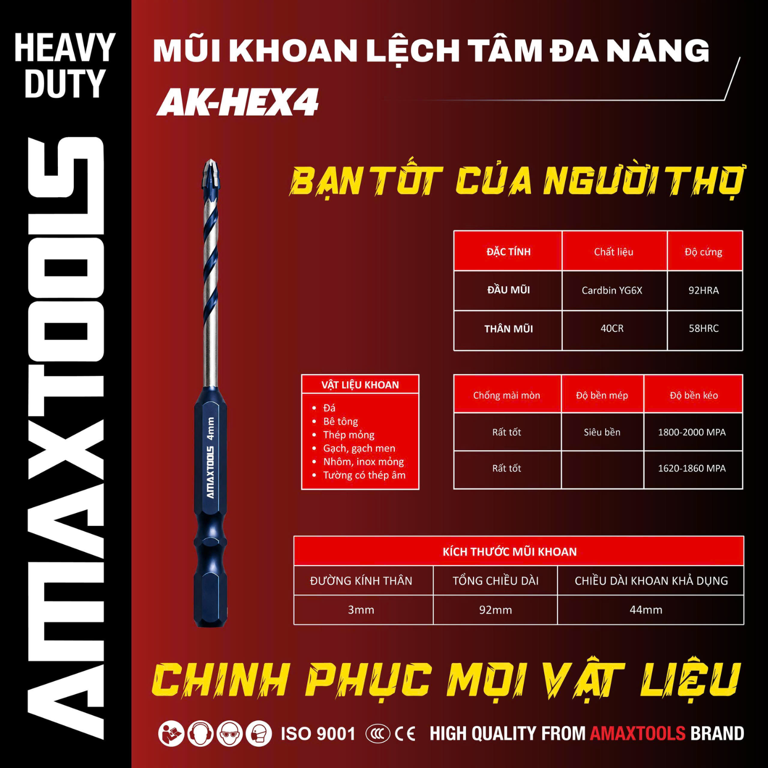 Mũi Khoan Lệch Tâm 4mm Amaxtools AK-HEX4 - Khoan Đá, Bê Tông, Thép, Gạch
