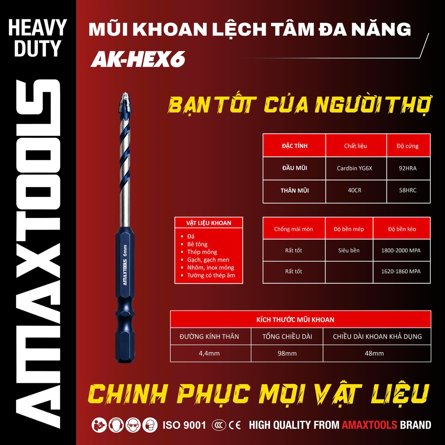Mũi Khoan Lệch Tâm Đa Năng 6mm Amaxtools AK-HEX6 Siêu Bền - Chinh Phục Mọi Vật Liệu
