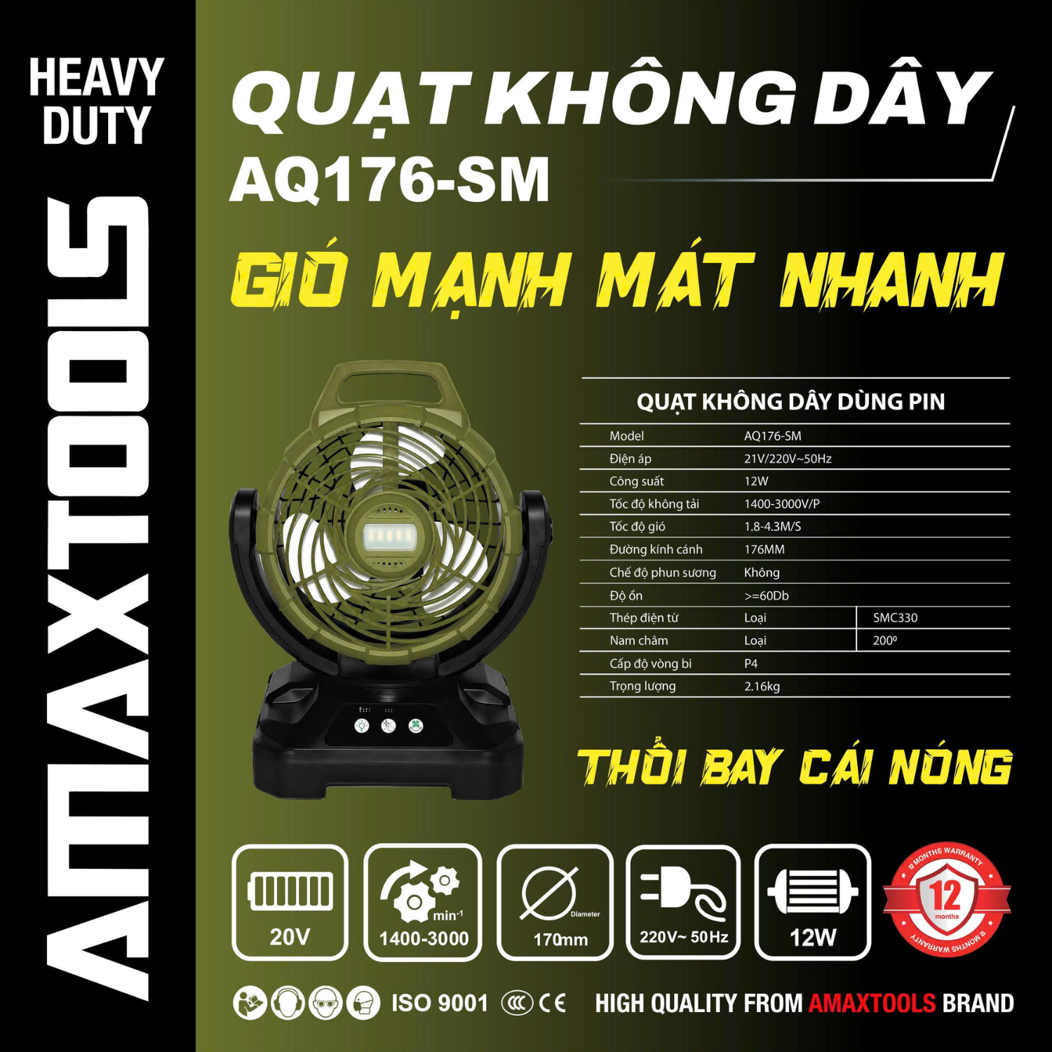 Quạt Dùng Điện hoặc Pin 21V Amaxtools 12W AQ176-SM Chính Hãng