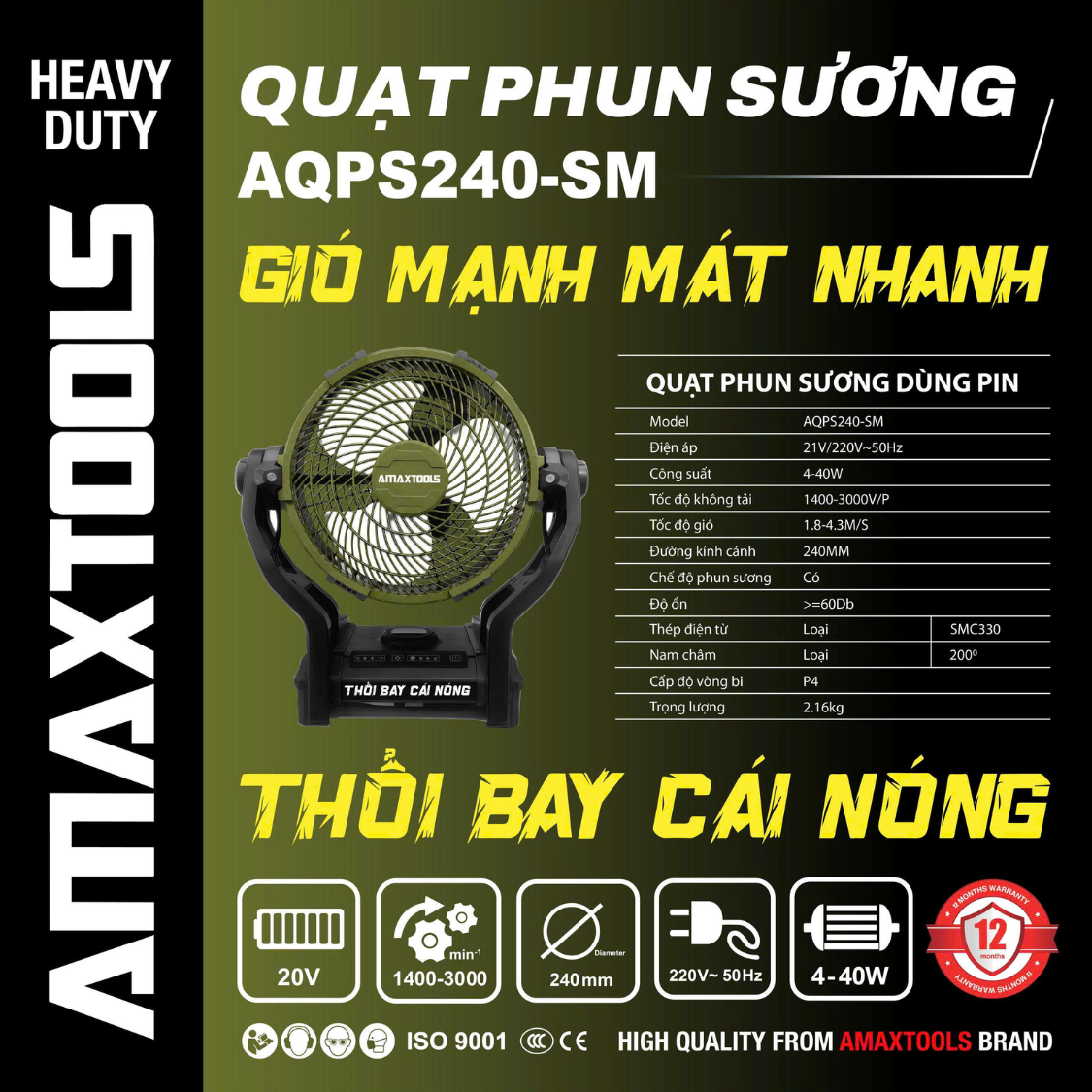 Quạt Phun Sương Dùng Điện Hoặc Pin 21V Amaxtools 40W AQPS240-SM Chính Hãng