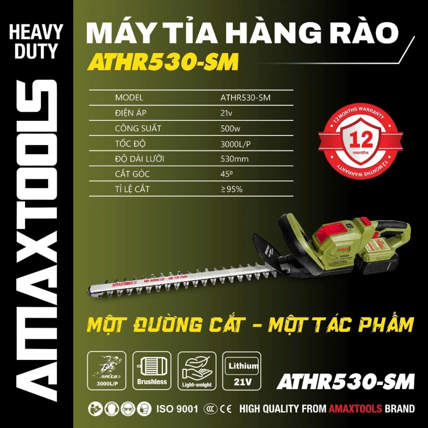 Thân Máy Cắt Tỉa Hàng Rào 21V AMAXTOOLS ATHR530-SM, Công Suất 500w, Lưỡi 530mm