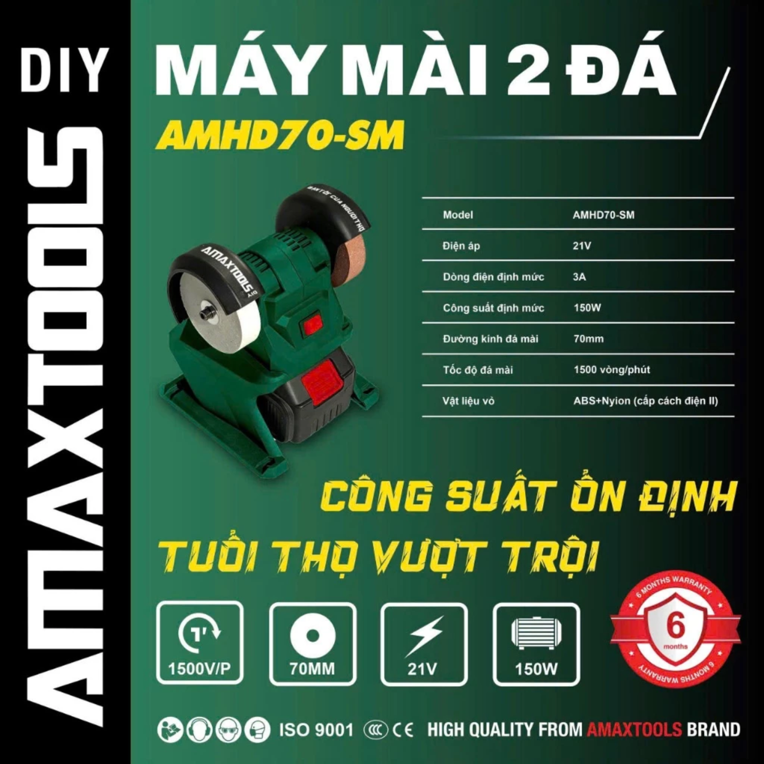 Thân Máy Mài 2 Đá Dùng Pin Amaxtools AMHD70-SM , 150W , Đường Kính Đá 70mm