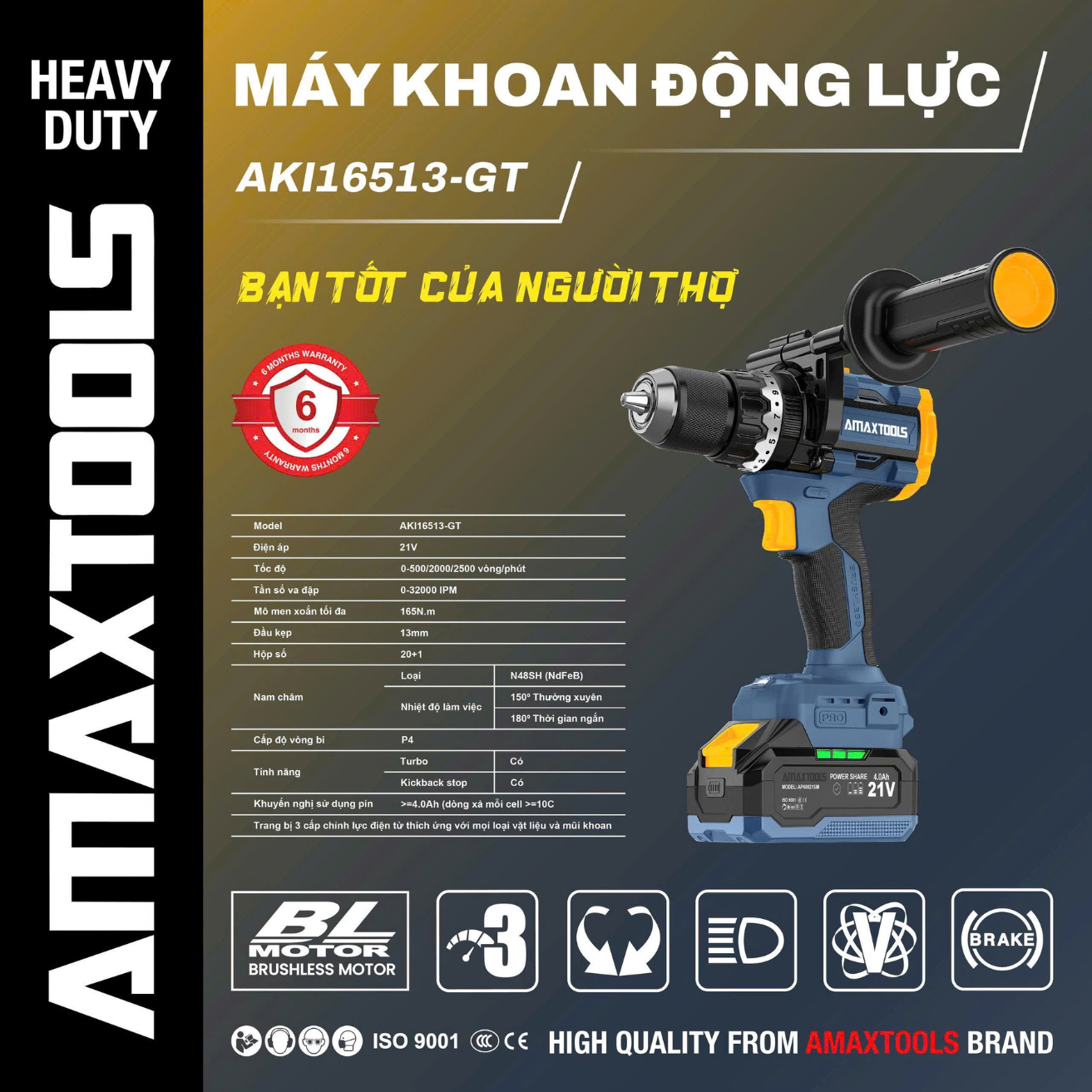 Máy Khoan Pin Amaxtools 165Nm AKI16513 GT 21V Không Chổi Than, 13mm, Bảo hành 6 tháng