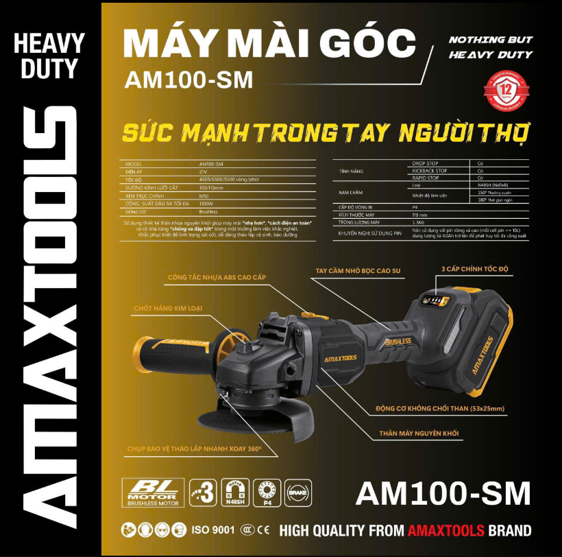 Máy Mài Góc Pin Amaxtools 100mm AM100-SM 21V, Động Cơ Không Chổi Than 1100W