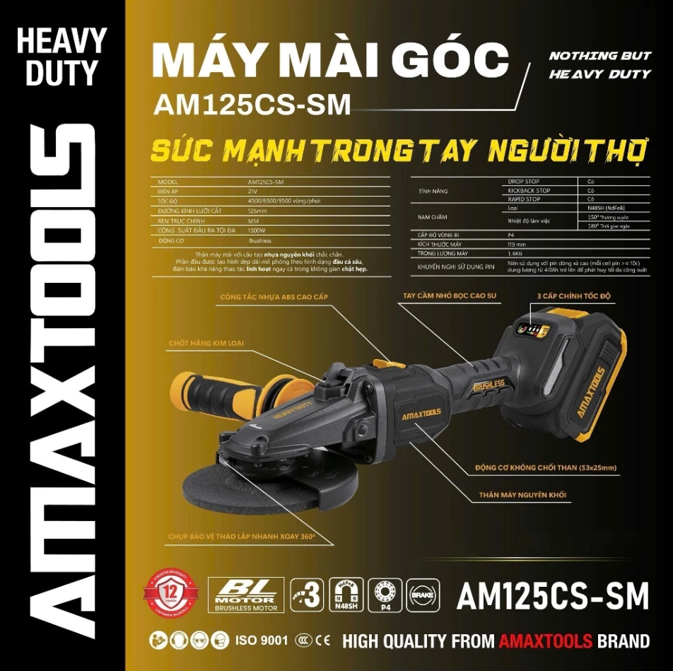 Máy Mài Góc Pin Amaxtools AM125CS-SM 21V 1300W, Đĩa 125mm, 3 Cấp Tốc Độ